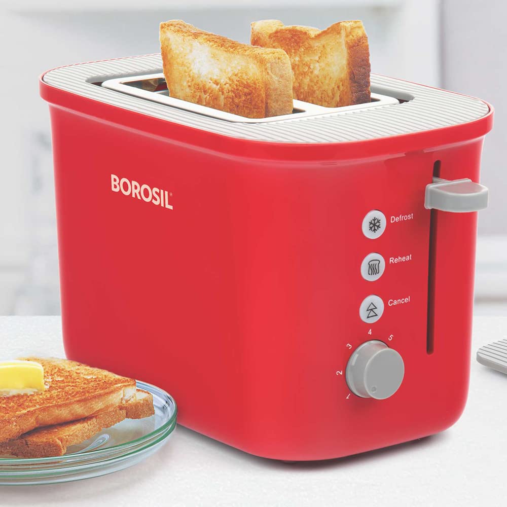 Borosil Krispy Pop-up Toaster, 2-Slice Toaster, 7 Browning Settings, Removable Crumb Tray, 800 W, Red